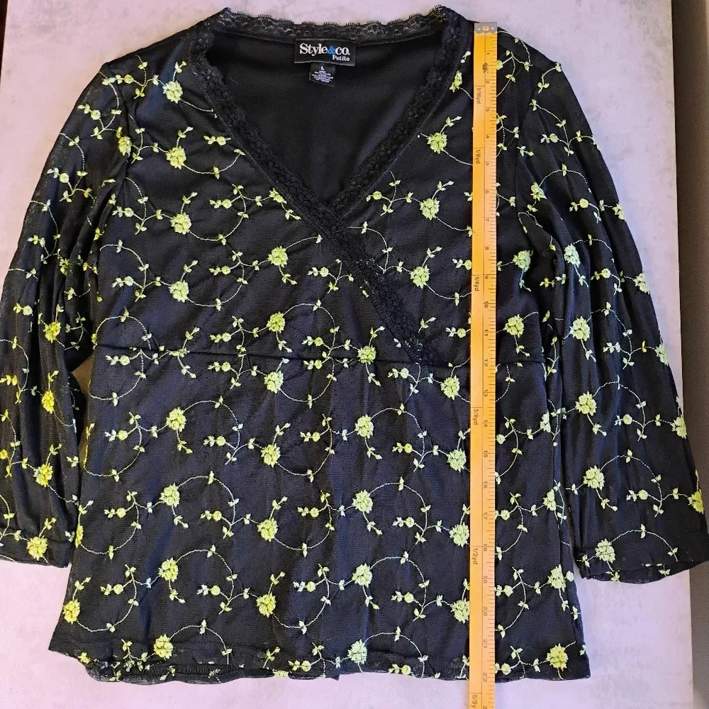 Style & Co Y2K Sheer Sleeve Babydoll Floral Embroidered‎ Top Black Size Large